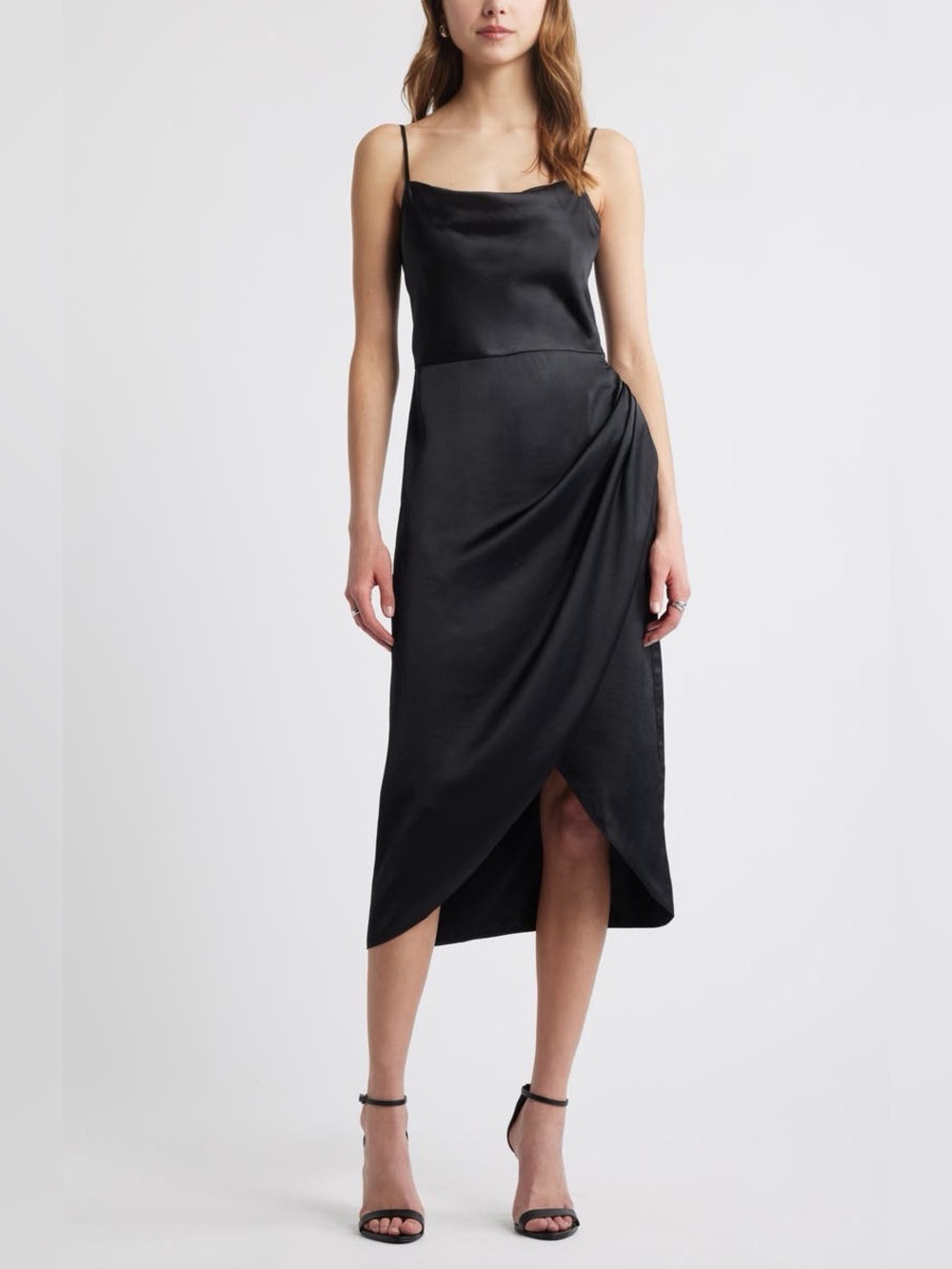 Open Edit Cowl Neck Satin Midi Dress Black